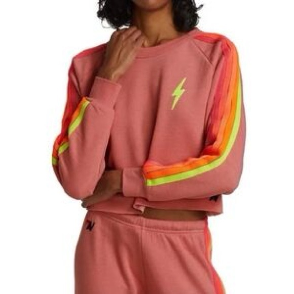 Aviator Nation Bolt Cropped Sweatshirt in Rose & Neon Pink Size M - Picture 3 of 10